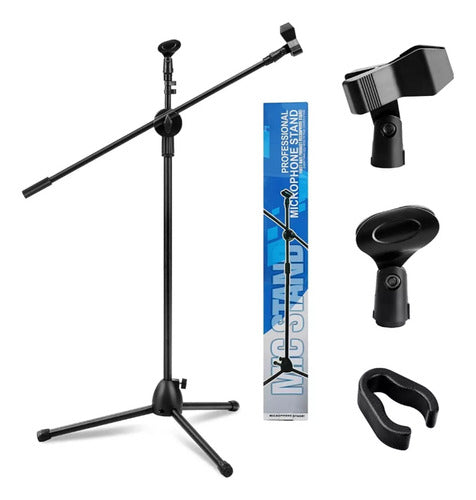 Pedestal Para Microfono Base Doble Boom Atril Profesional Negro