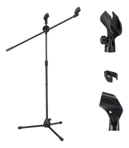 Pedestal Para Microfono Base Doble Boom Atril Profesional Negro
