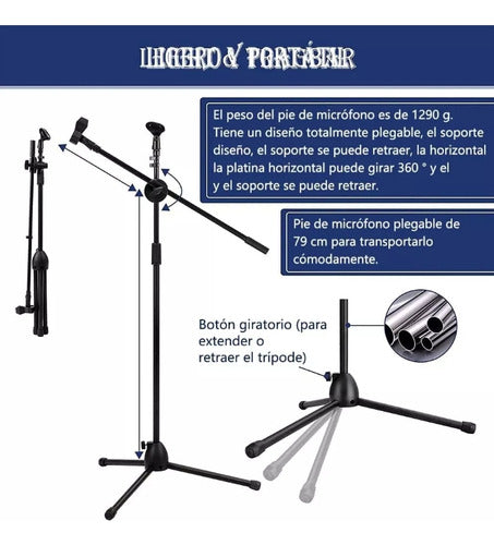 Pedestal Para Microfono Base Doble Boom Atril Profesional Negro